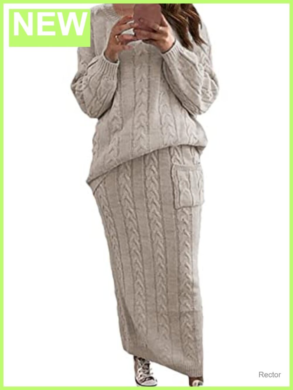 Chunky Cable Knit Sweater and Long Skirt Set Round Neck Side Pocket